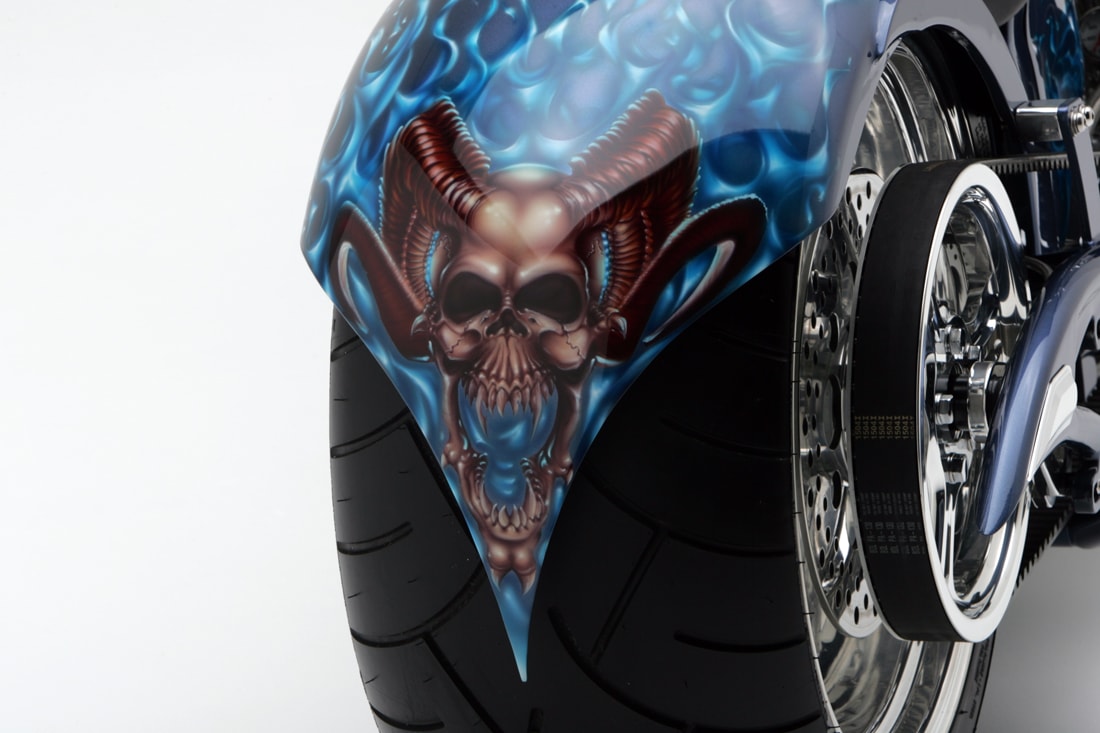 Devil's Advocate — front fender with horned devil skull in blue flames