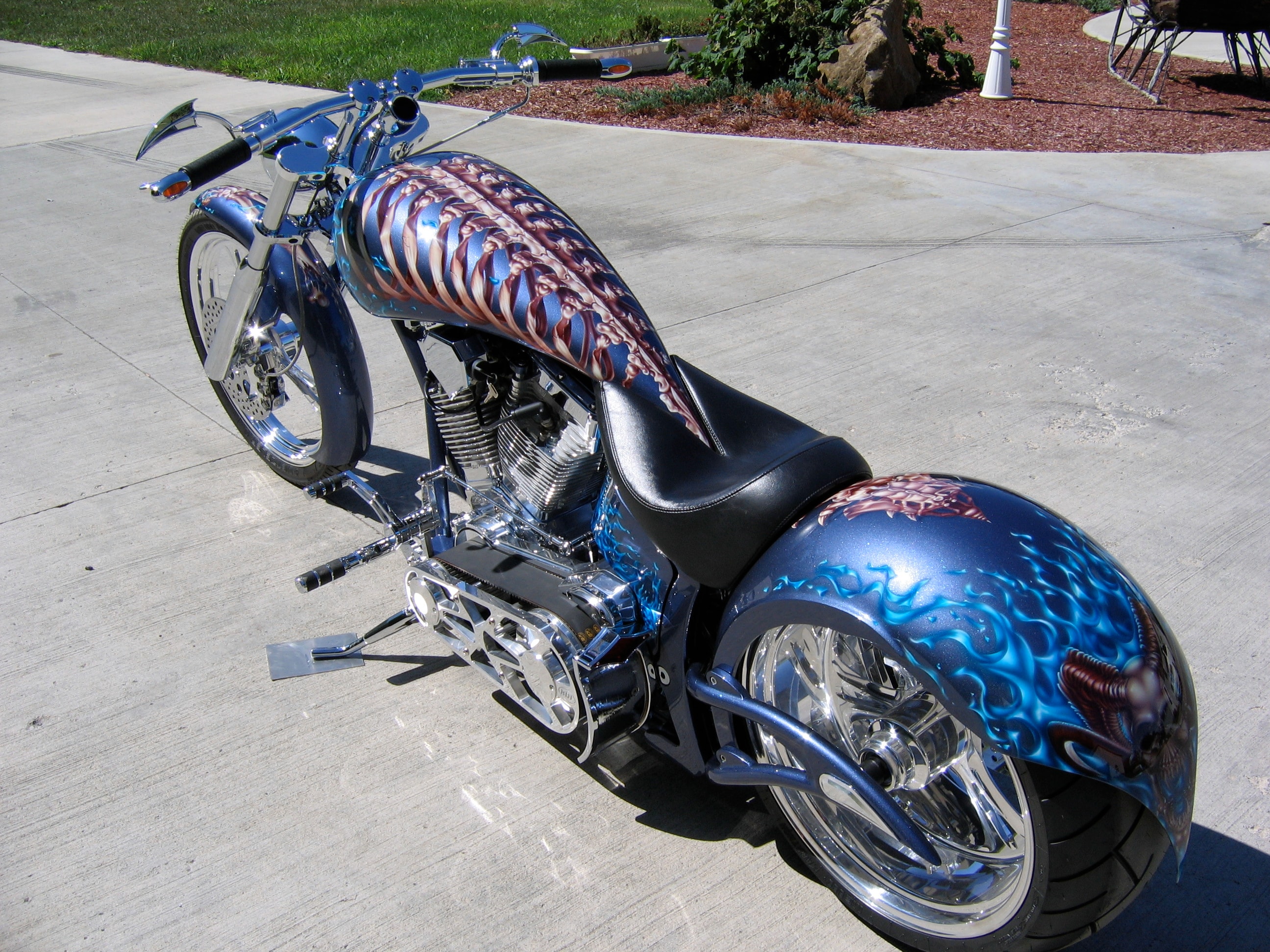 Devil's Advocate — full bike overhead angle, complete ribcage tank and blue flame fenders