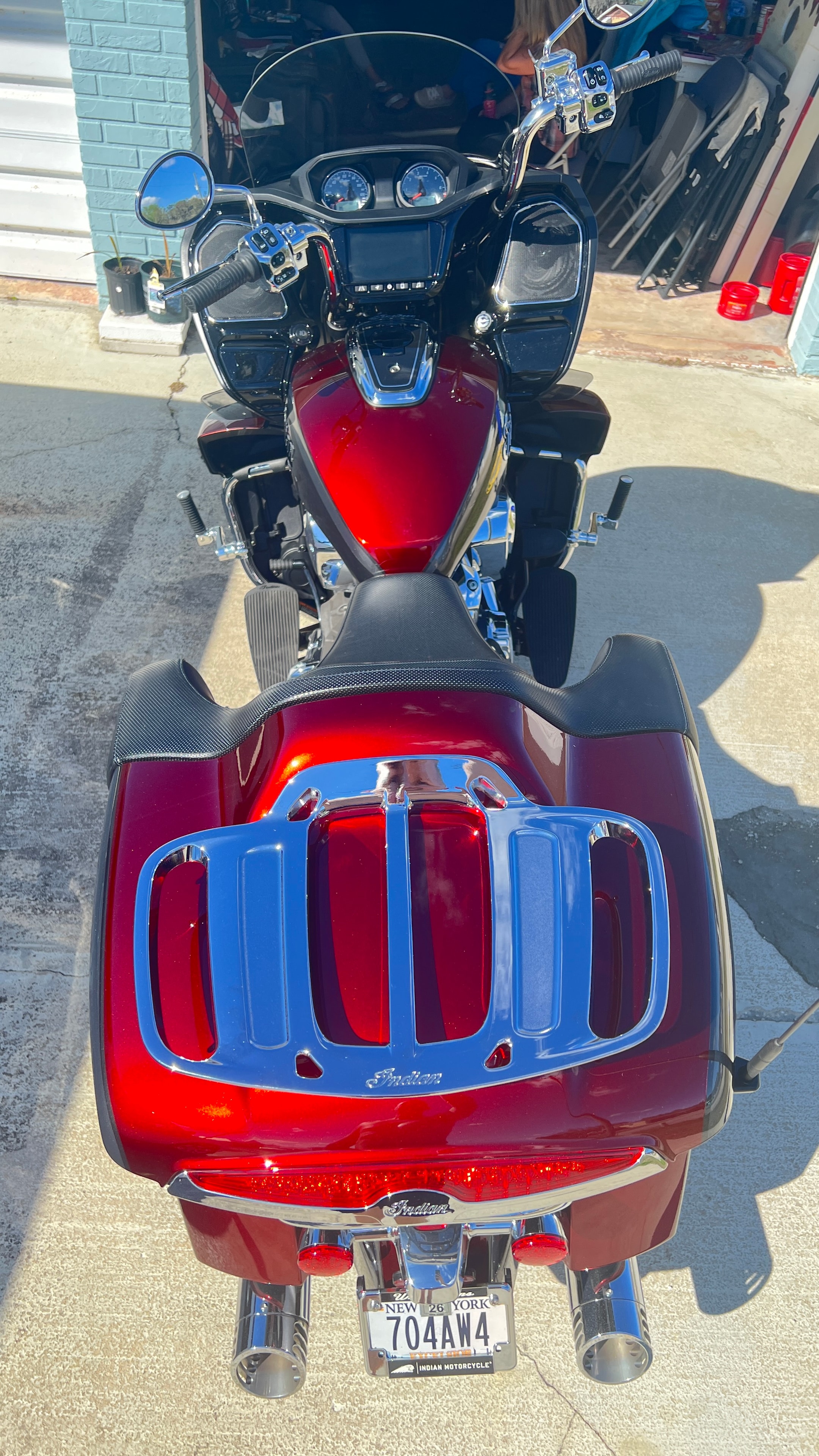 Indian Pursuit Limited — completed paint, rear overhead view showing Candy Copper Red and Graphite Grey