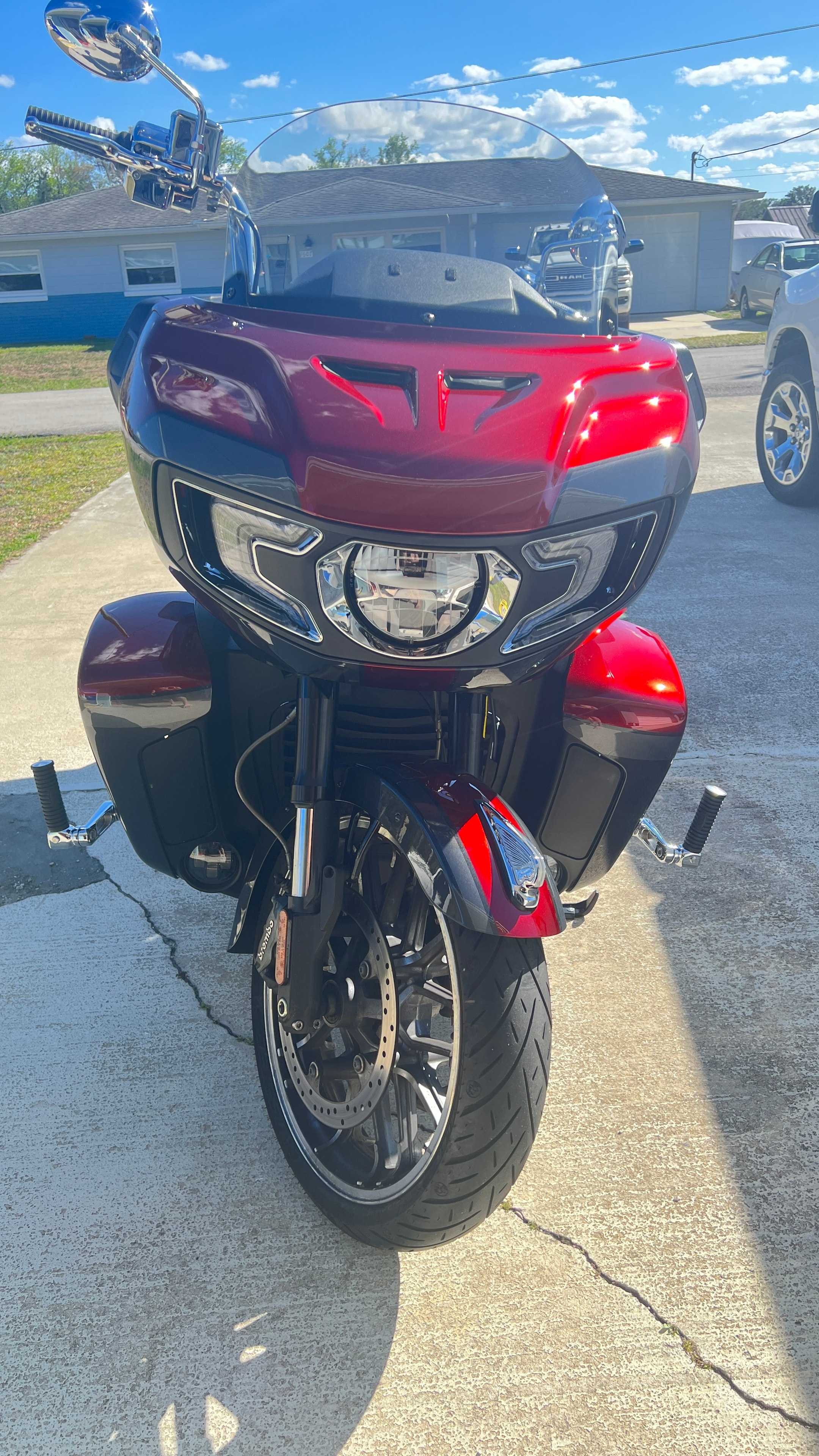 Indian Pursuit Limited — completed paint, front three-quarter view in driveway