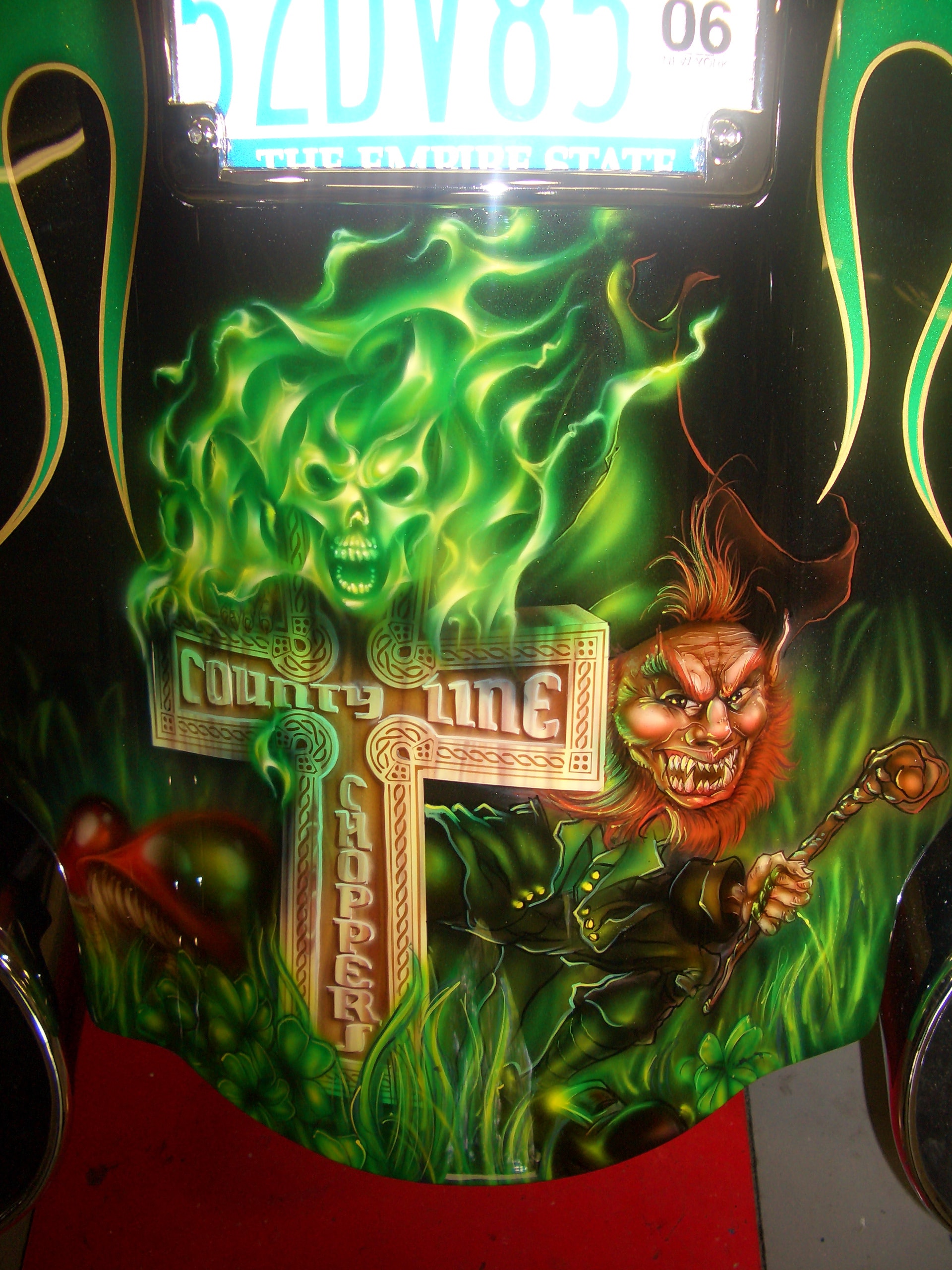 Irish Cadillac — rear fender, County Line Choppers leprechaun and skull in green flames