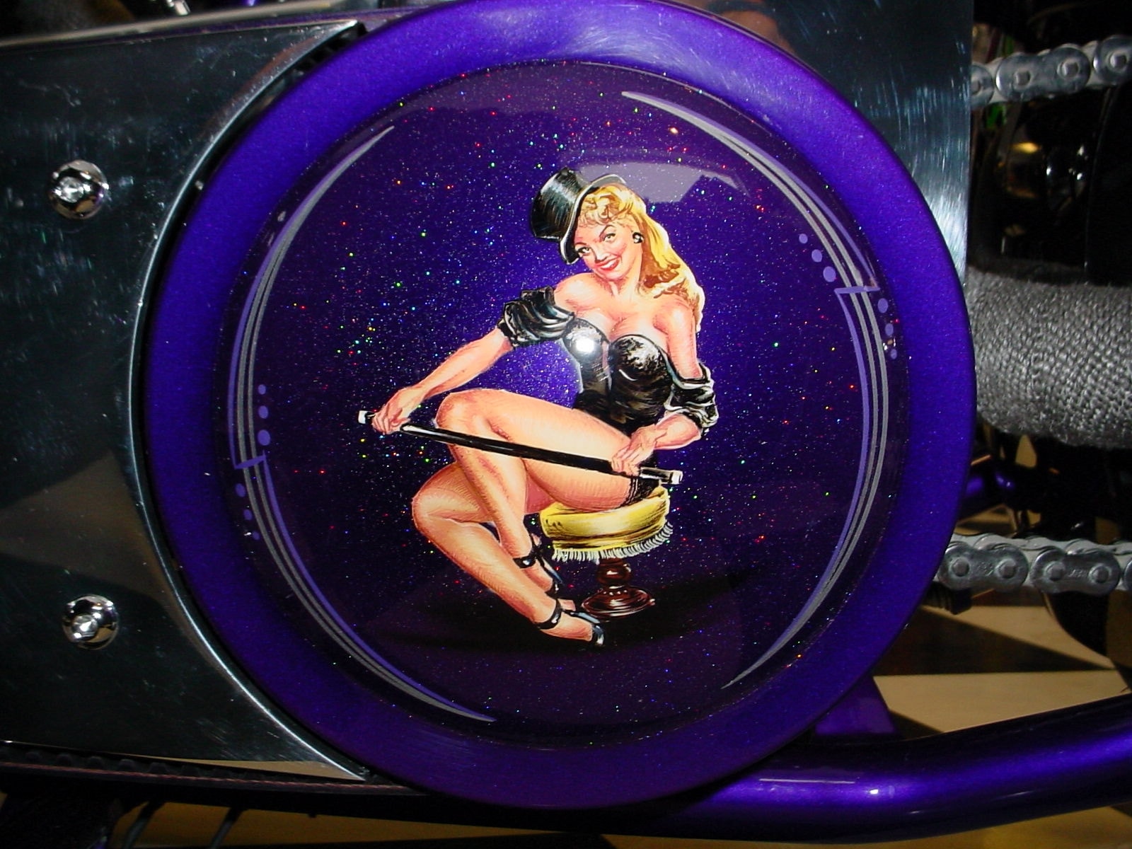 Lady Luck — rear derby cover, pin-up on holographic purple flake background