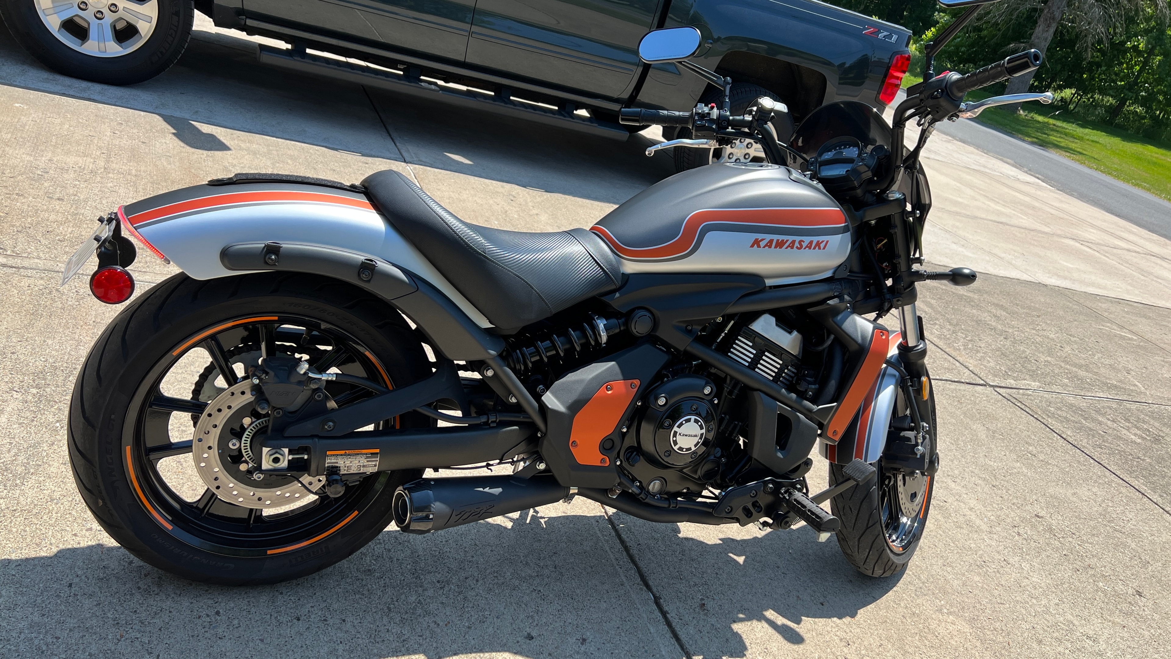 Kawasaki Vulcan S Cafe — rear three-quarter view, tail delete package with flush LED lights, Two Brothers exhaust