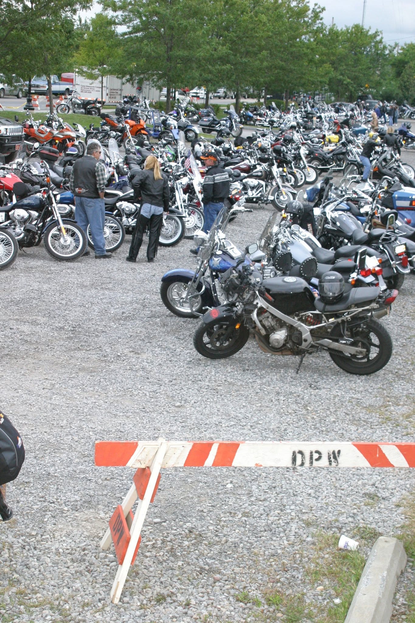 2006 Chick-N-Wing Festival — packed motorcycle parking lot with DPW barricades at Inner Harbor