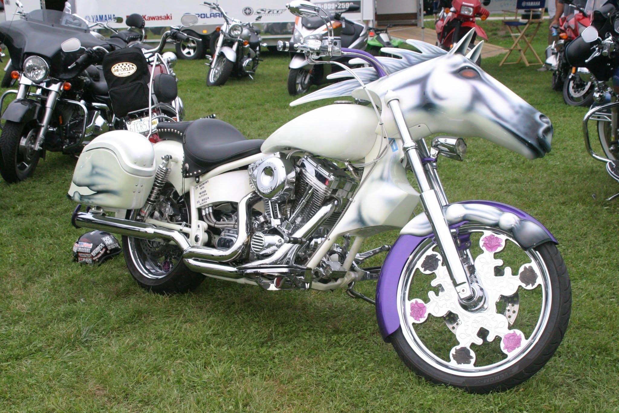 2006 Chick-N-Wing Festival — white horse-head custom chopper with purple accents on display