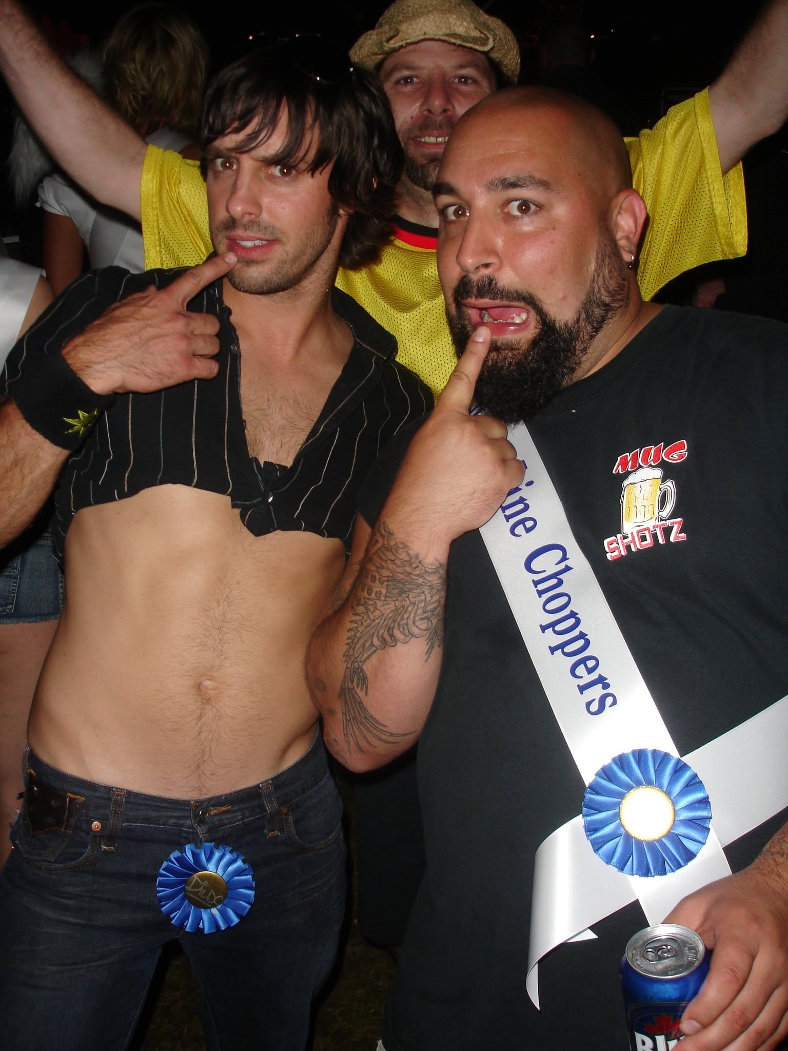 2008 Chick-N-Wing Festival — three men with Choppers sashes celebrating at night