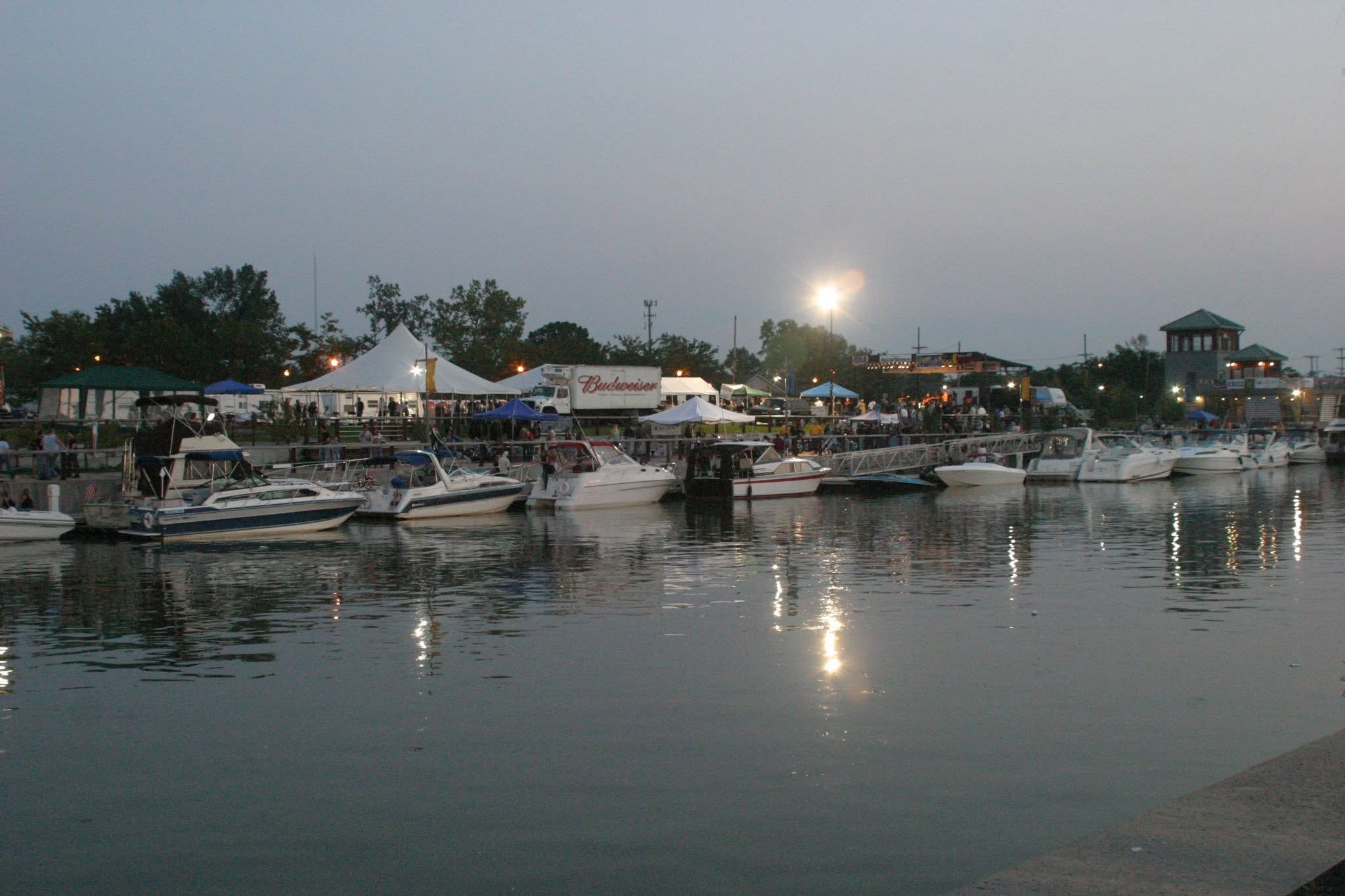 2008 Chick-N-Wing Festival — Inner Harbor marina at dusk with Budweiser truck and event tents