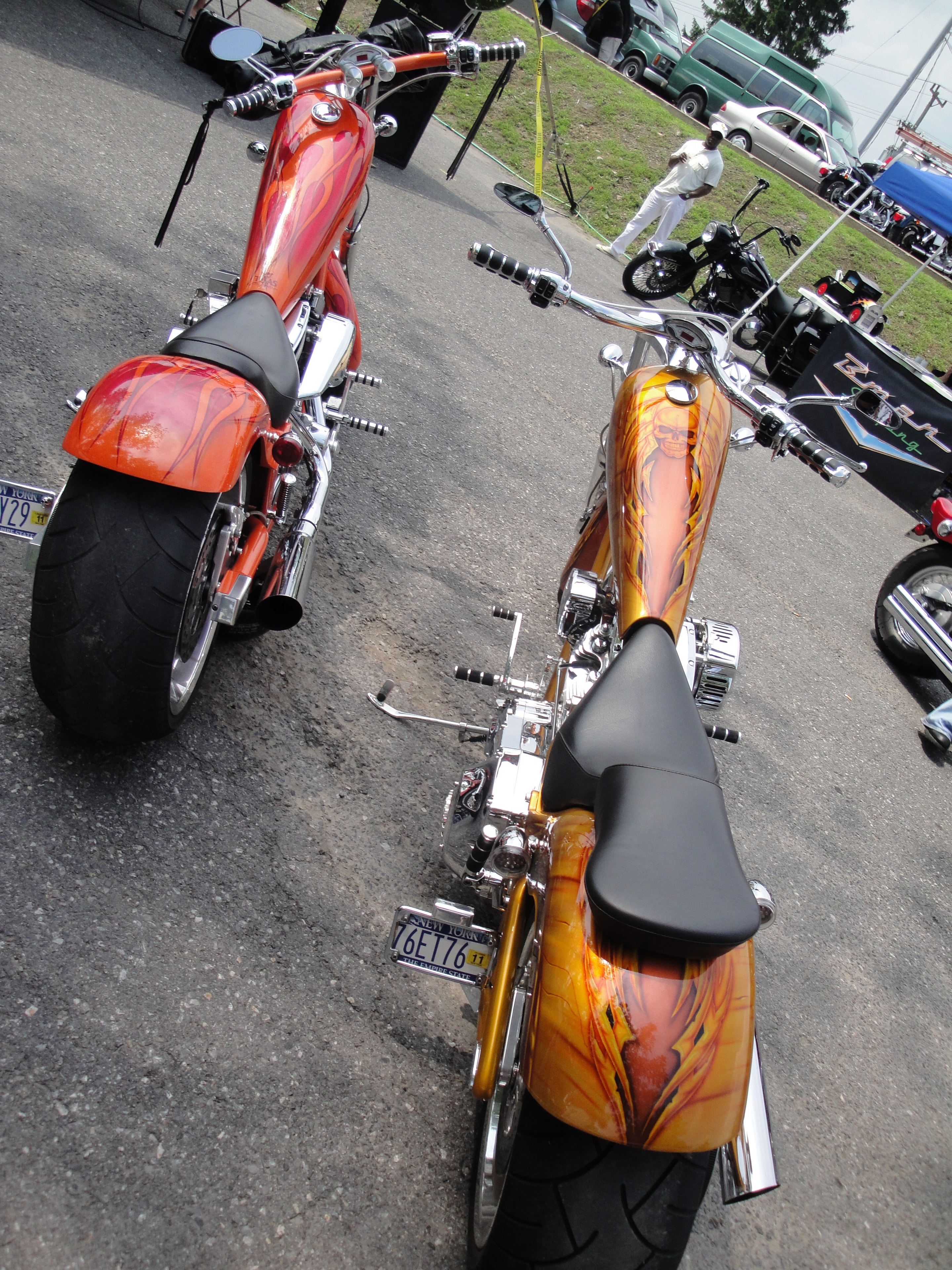 Higie's Iron Horse Saloon Summer BBQ Series — two custom choppers overhead view at show