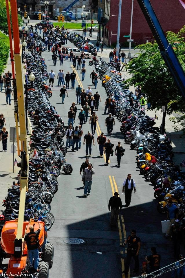 Pearl Street Jam — aerial view of motorcycles lining Pearl Street Albany NY