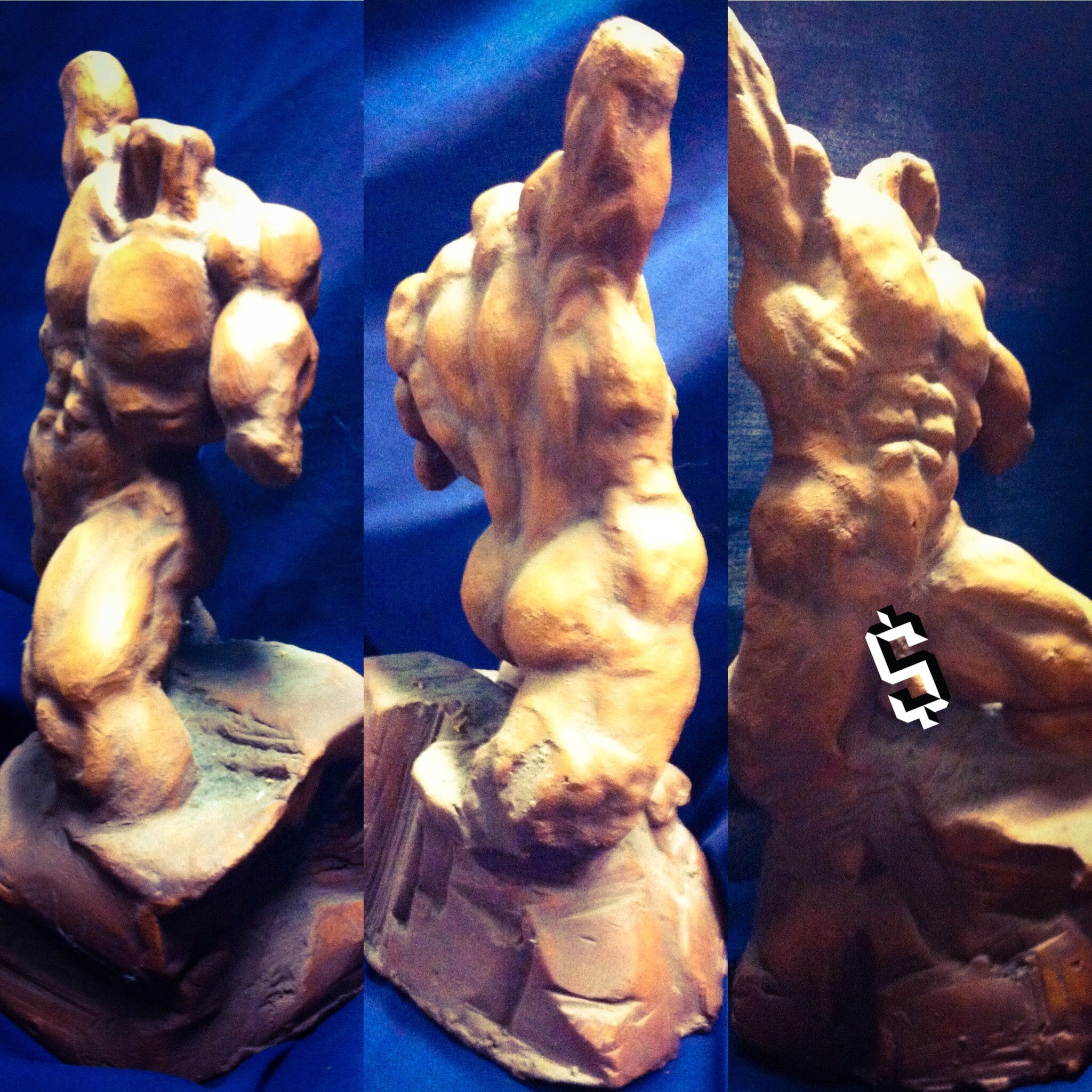 Clay figure sculpture — muscular male form on stone base, three-angle view