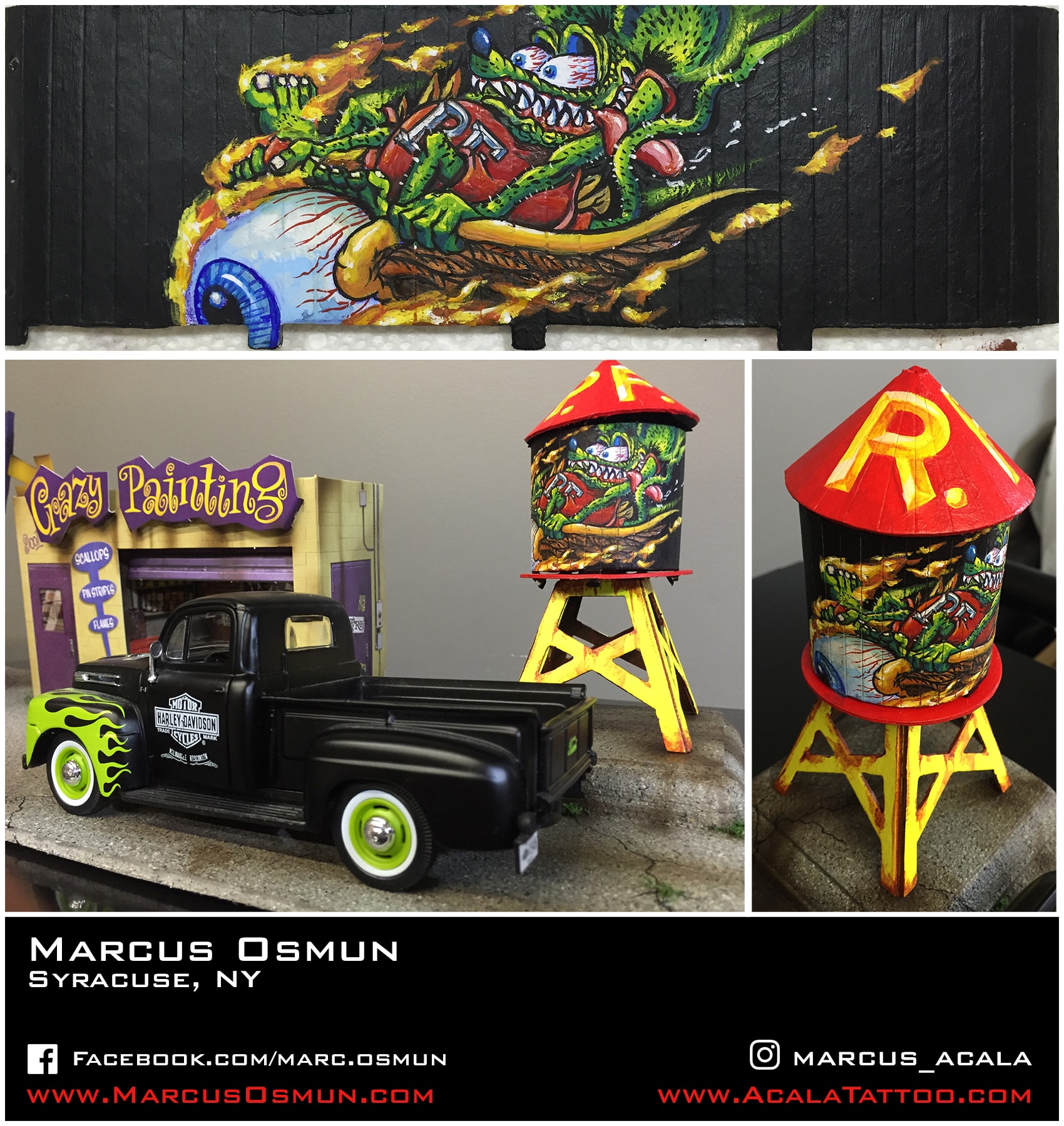 Flying Eyeball collection — barn wood mural, HD pickup diorama, and water tower model