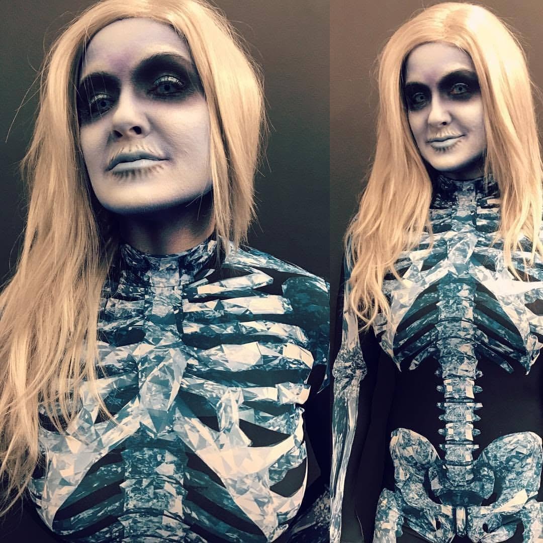 Crystal skeleton body paint — front and three-quarter view