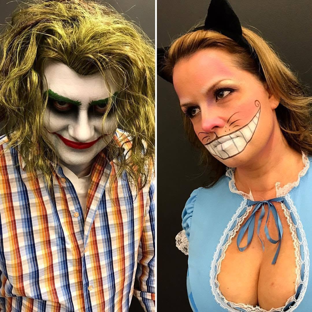 Joker and Cheshire Cat character makeup — dual portrait