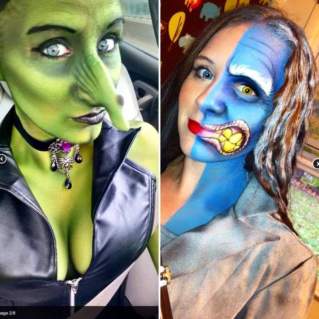 Green witch and Two-Face body paint — dual portrait