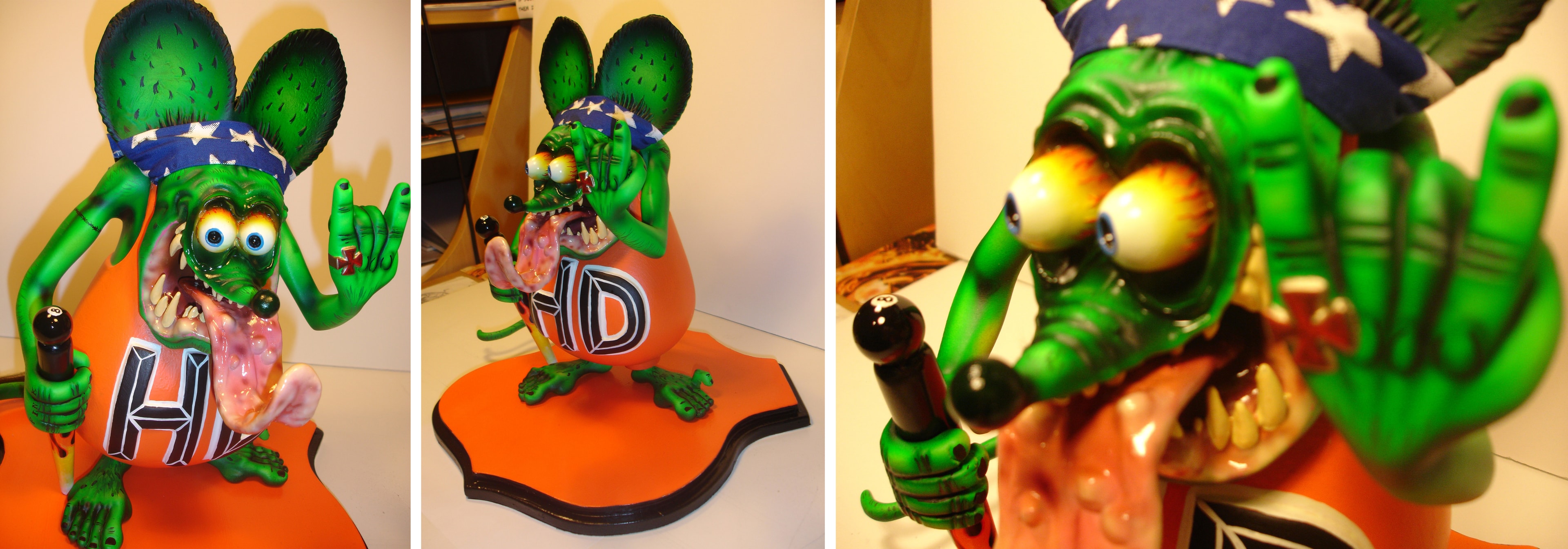 Rat Fink HD sculpture — front, side, and face closeup collage