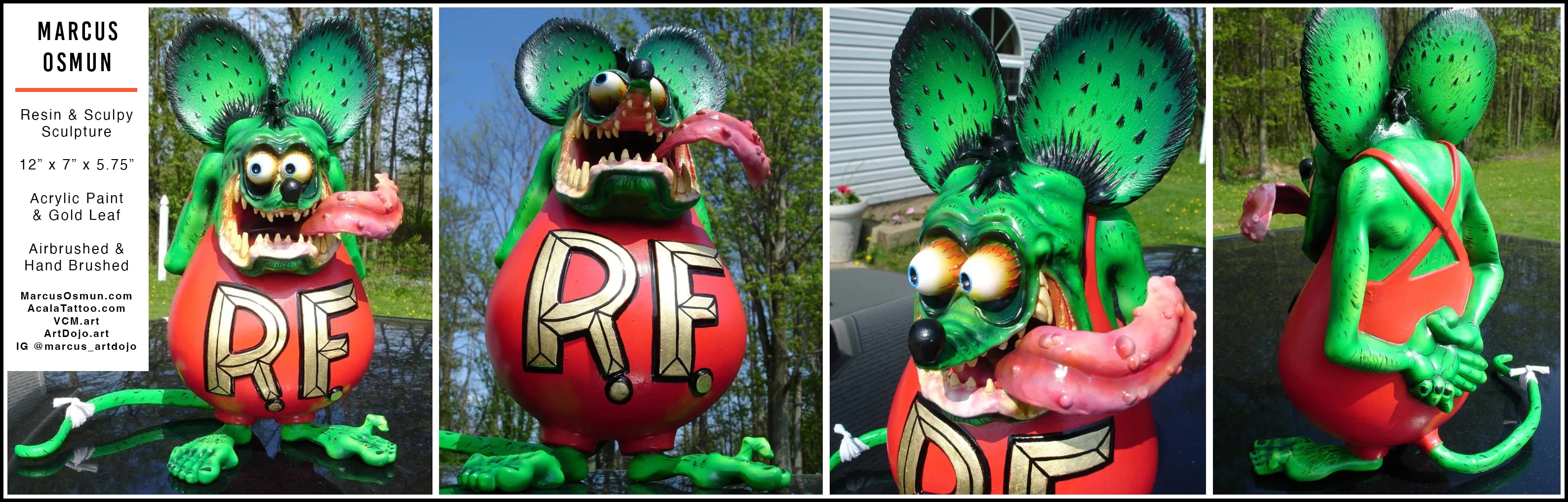 Rat Fink sculpture — four-angle composite view