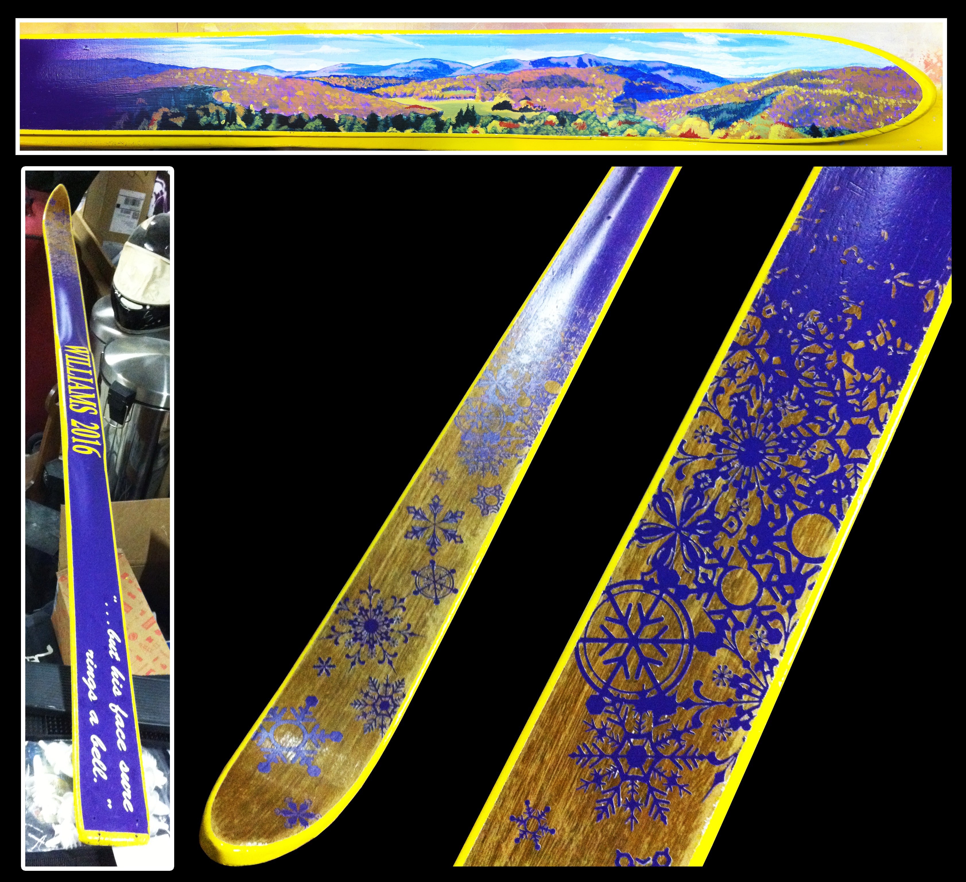 Williams 2016 custom painted skis — mountain landscape top deck and snowflake stencil base