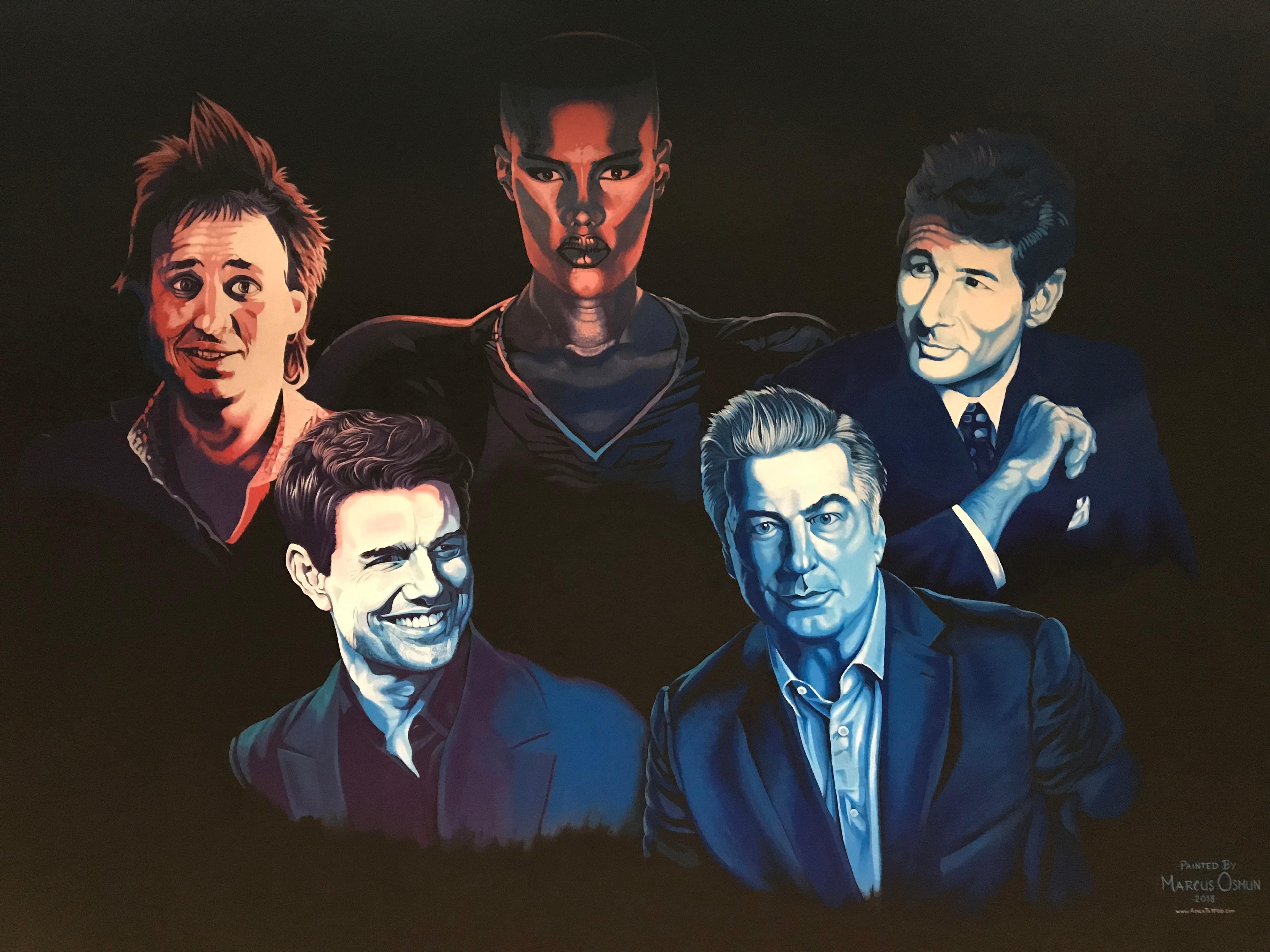 Club 11 VIP Lounge mural — full view of five celebrity portraits including Bobcat Goldthwait, Grace Jones, Richard Gere, Tom Cruise, and Alec Baldwin on a dark background