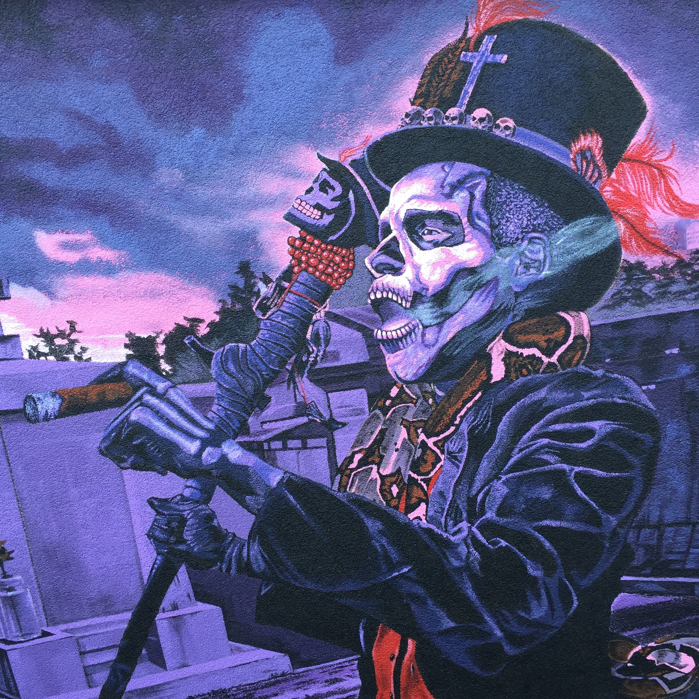 Voodoo skeleton guitarist mural — closer view