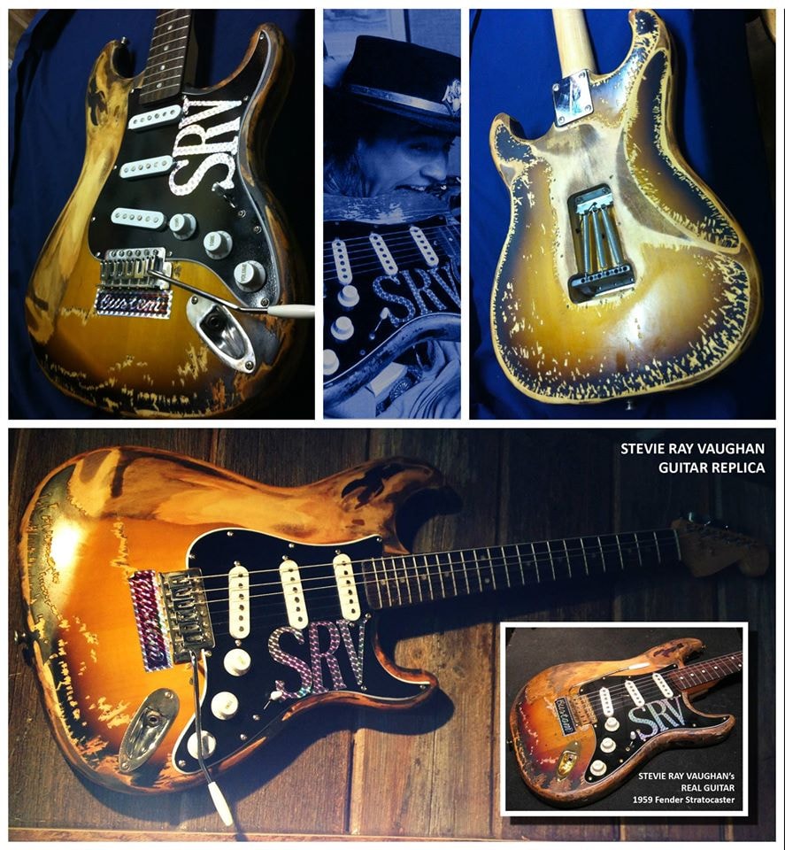 Stevie Ray Vaughan guitar replica collage with real SRV comparison
