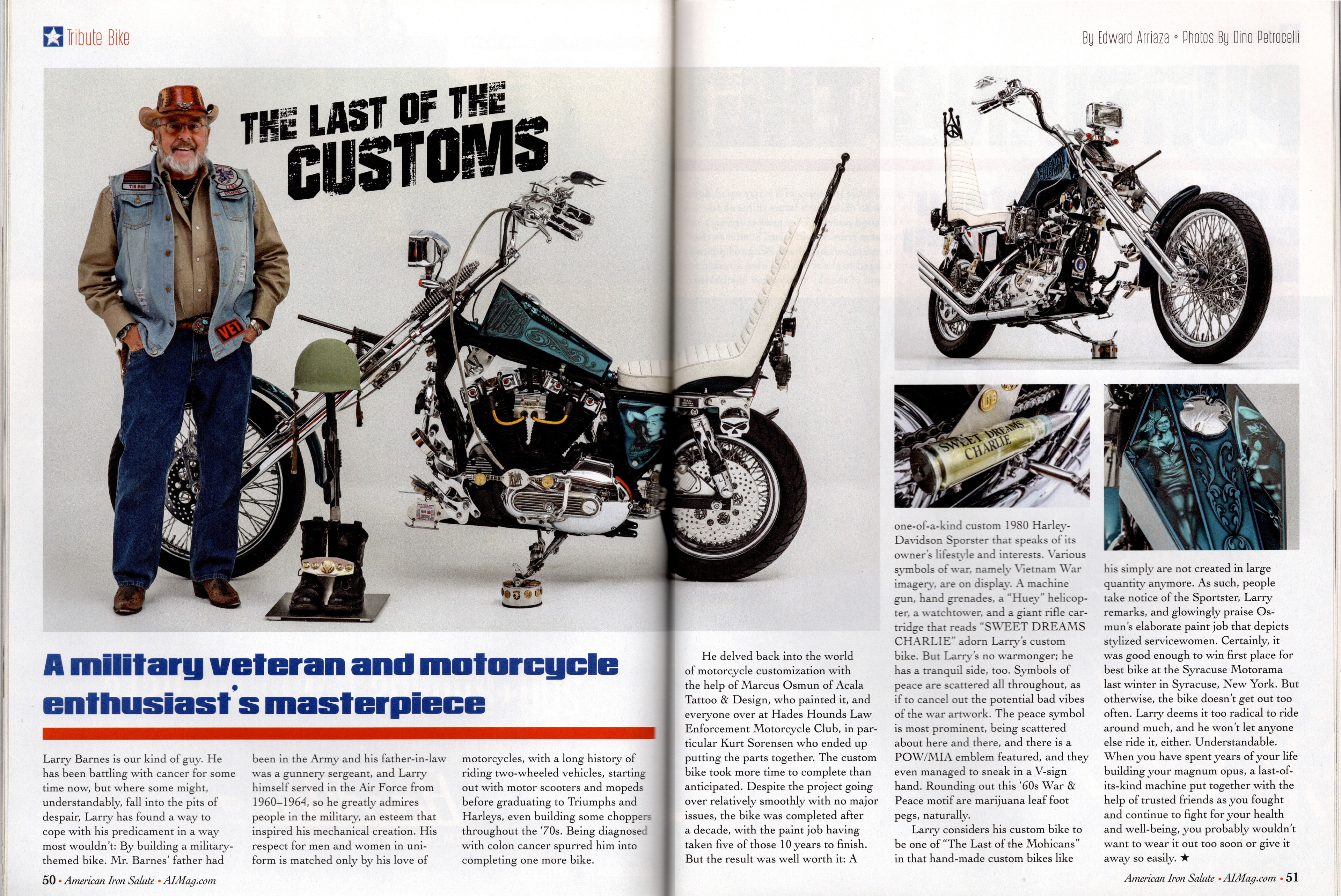 American Iron Salute — "The Last of the Customs" interior spread featuring Marcus Osmun's work on Larry Barnes' tribute bike