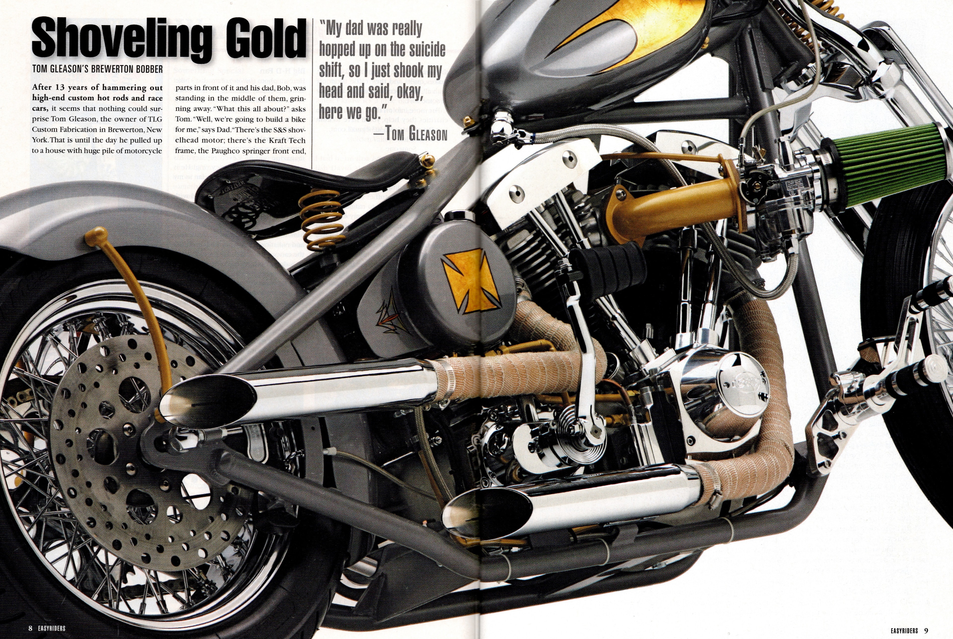 Easyriders — "Shoveling Gold" feature on Tom Gleason's Brewerton Bobber, pages 8–9