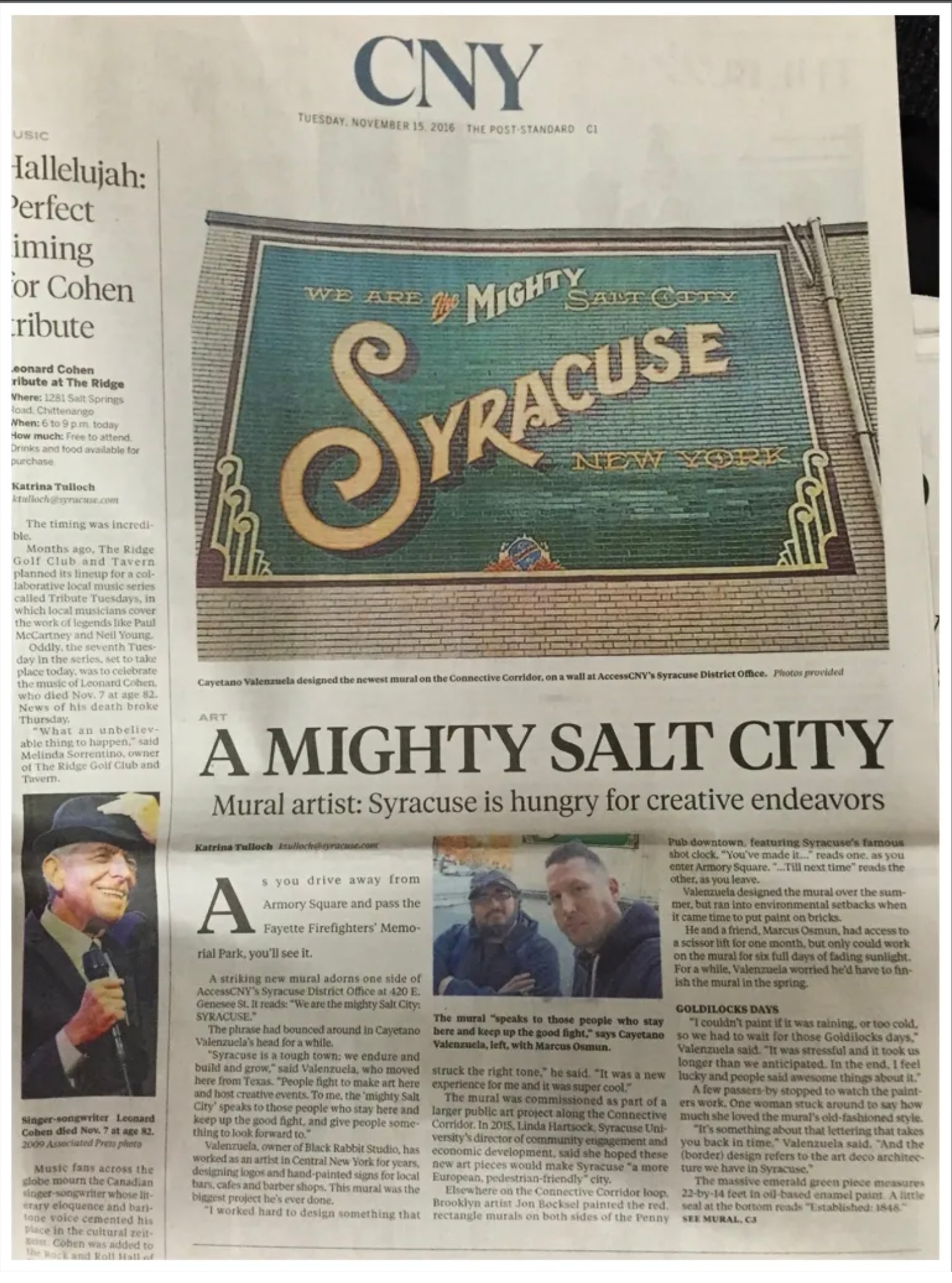 The Post-Standard CNY — November 15, 2016: "A Mighty Salt City" mural feature crediting Marcus Osmun