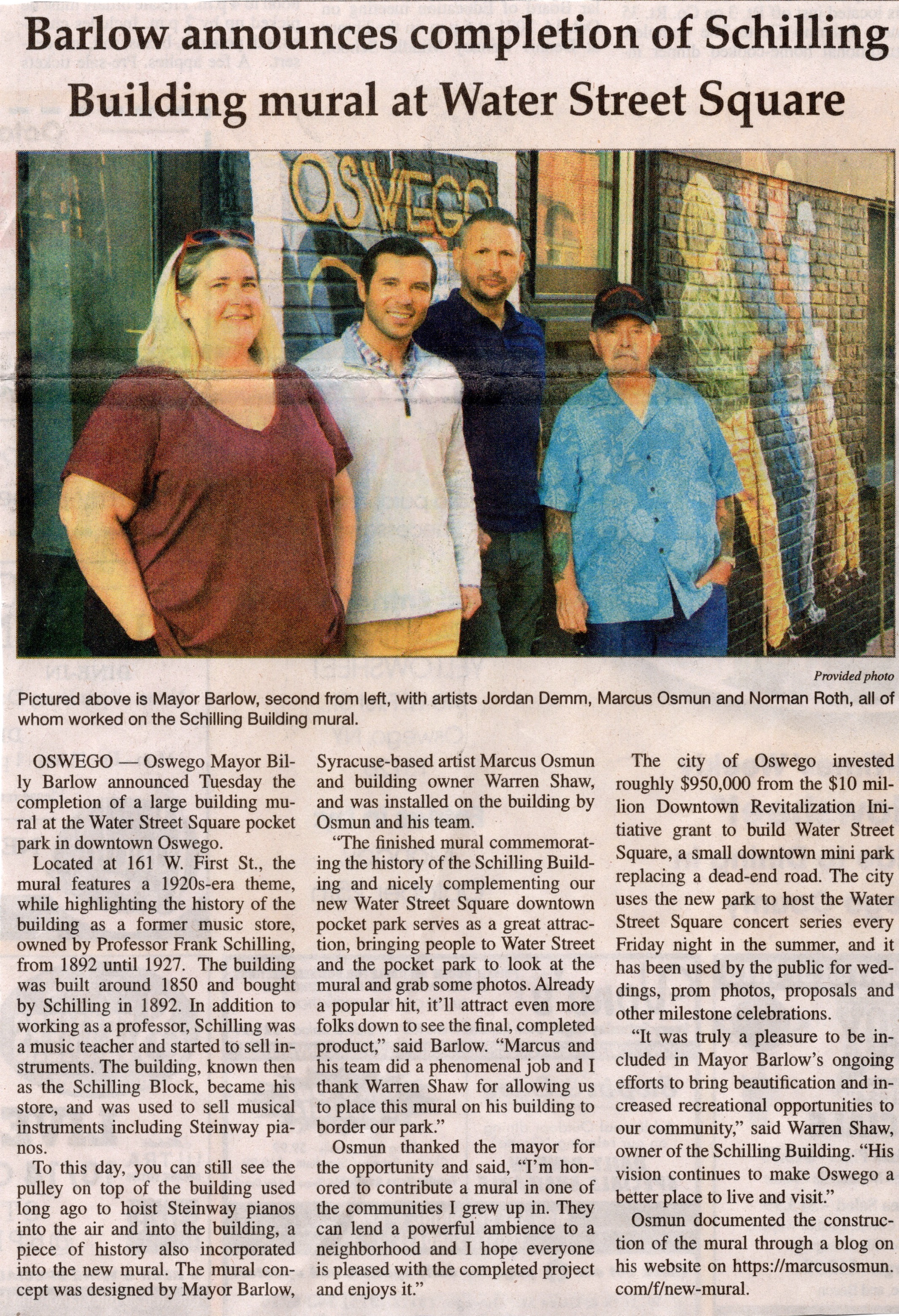 "Barlow announces completion of Schilling Building mural at Water Street Square" — Marcus Osmun credited as lead artist