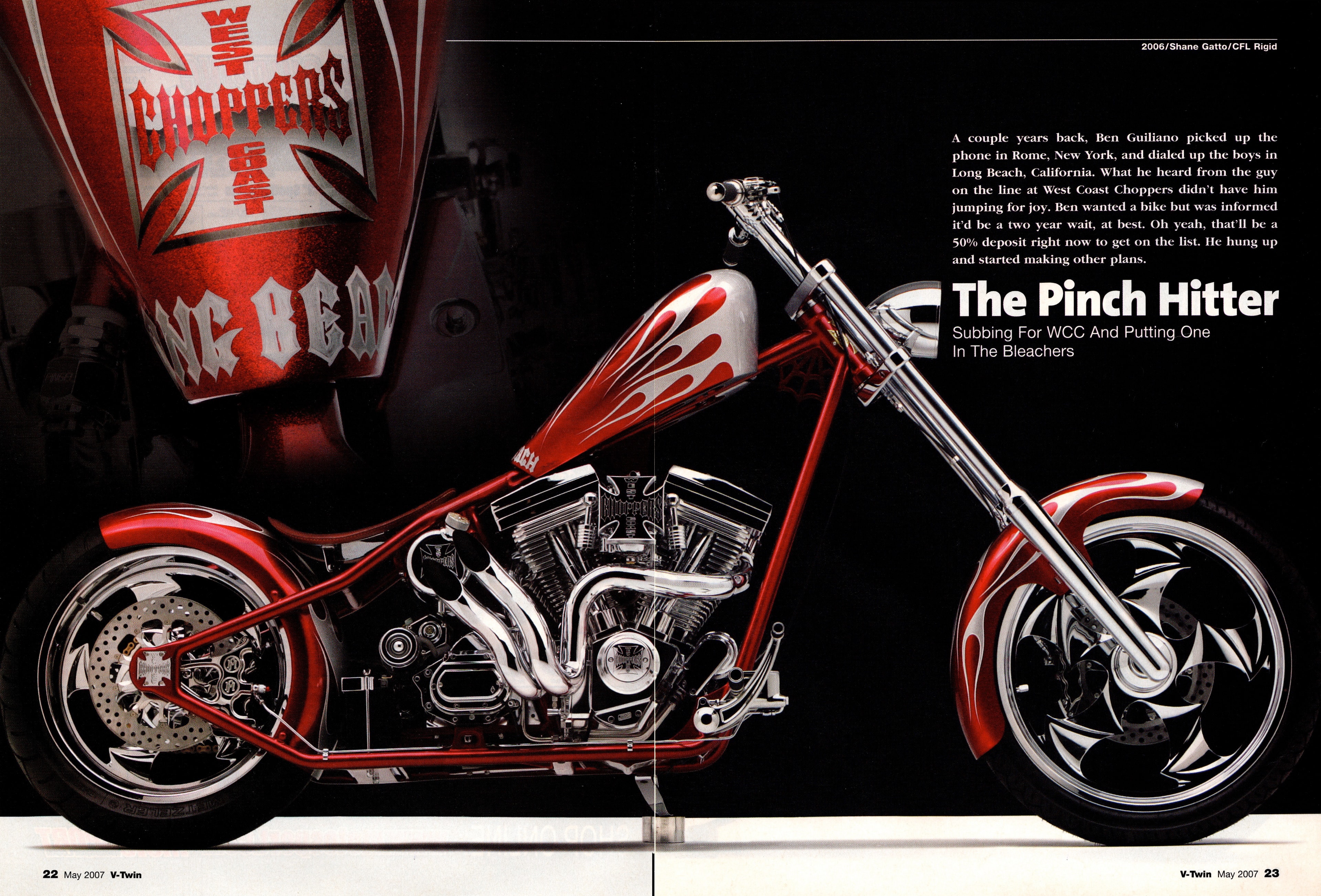 V-Twin Motorcycles — "The Pinch Hitter" feature opening spread, pages 22–23