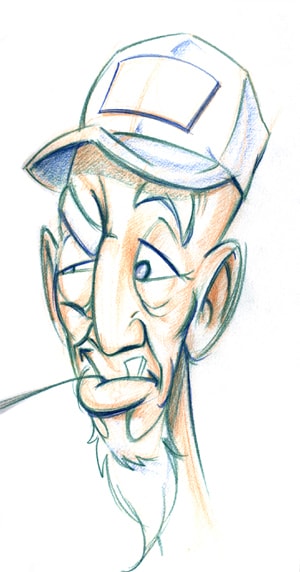 Caricature sketch of a gruff older man in a baseball cap, colored pencil