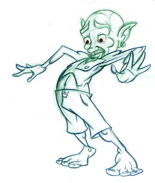 Character sketch of a goblin-like figure with pointed ears and clawed hands, green pencil