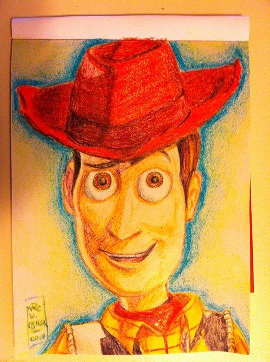 Colored pencil portrait of Woody from Toy Story, red cowboy hat, signed Marcus Osmun 2018